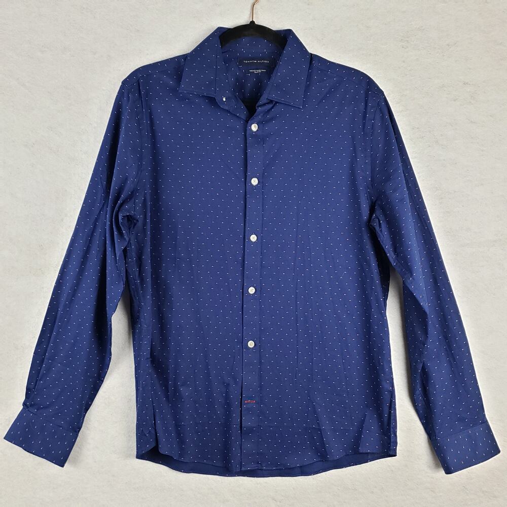 Tommy Hilfiger Mens M Slim Long Sleeve Square Dot No Tuck Dress Shirt Dark Blue